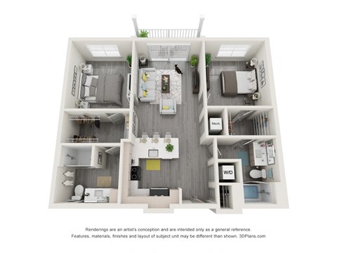 Floor plan for 2 beds, 2 baths, 1050 sqft